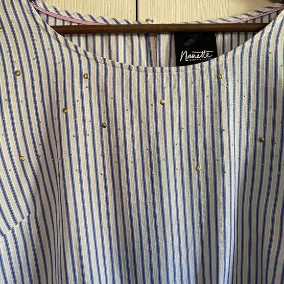 Nanette Lepore Front Tie Gold Embellished Blue White Stripe Blouse Size Large - Picture 4 of 10